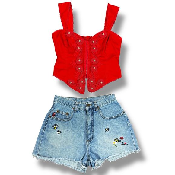 Vintage Y2K l.e.i. Denim Cutoff Shorts Bee Flower Embroidered Frayed Hem Size 7 - Picture 10 of 10